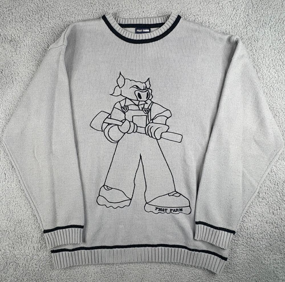 Phat Farm Pullover Sweater Men's Size XXL Gray Mascot Pig Graphic Crew Neck